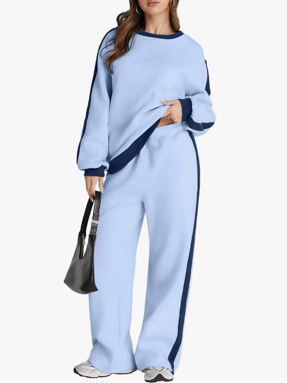 Light Blue Two-Piece Loungewear Set with Navy Trim